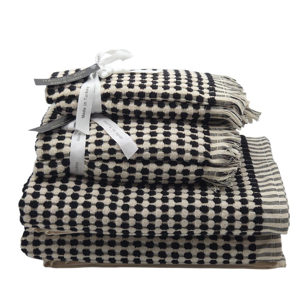 Rachel Zoe 6pc Turkish Cotton Towel Set Black Ecru Raised Dots 2Bath 2Hand 2tip - Picture 12 of 15